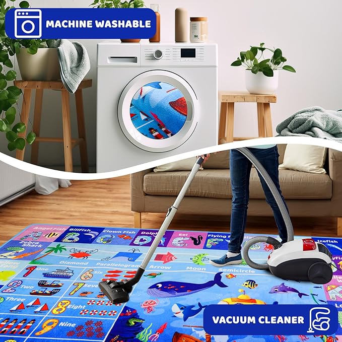 ABC Kids Rug for Playroom 78.7"118" Ocean Baby Play Mat Alphabet Sea Animal Number Shape Classroom Early Learning Carpet for Preschool Toddlers