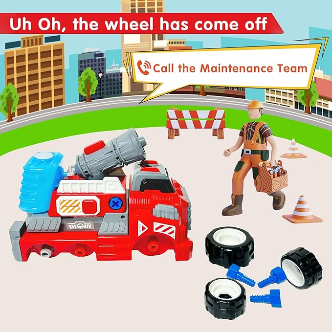 11inches Large Take Apart Fire Toy Trucks for Boys Girls Kids 3-5 6-8 Year Old Fire Rescue Vehicles with Electric Drill Set Assembly Toy