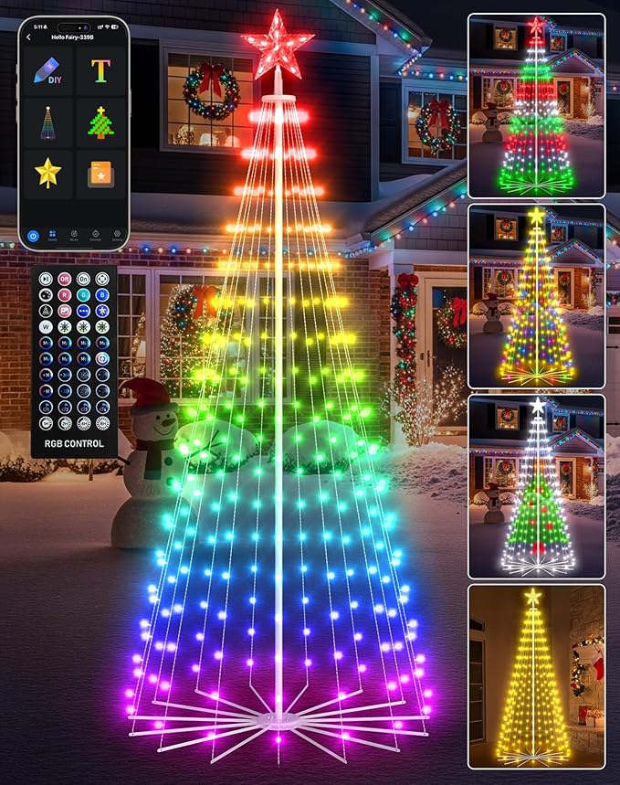 8FT Outdoor Christmas Tree Decorations Smart App Control, DIY Patterns Prelit Multicolor Outdoor Christmas Tree Light Show, Waterproof Magical String Lights with Remote Music Timer for Yard