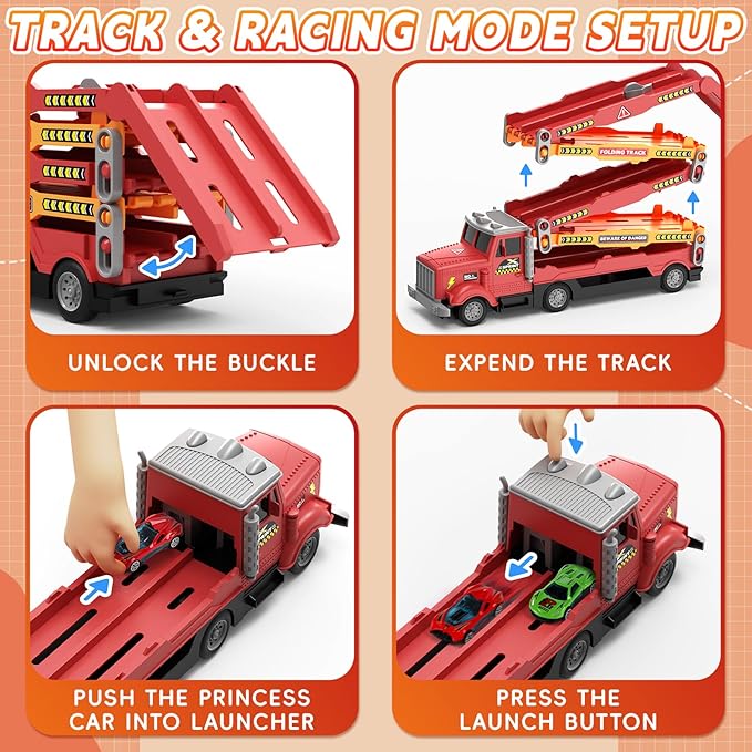 HONGTUO Toy Truck for Kids Truck Race Track with 6 Cars, 2-Player Racing Mode, Lights & Sounds, Ideal Christmas or Birthday Present for Toddlers Age 3 4 5 6+Years Old Boys Girls