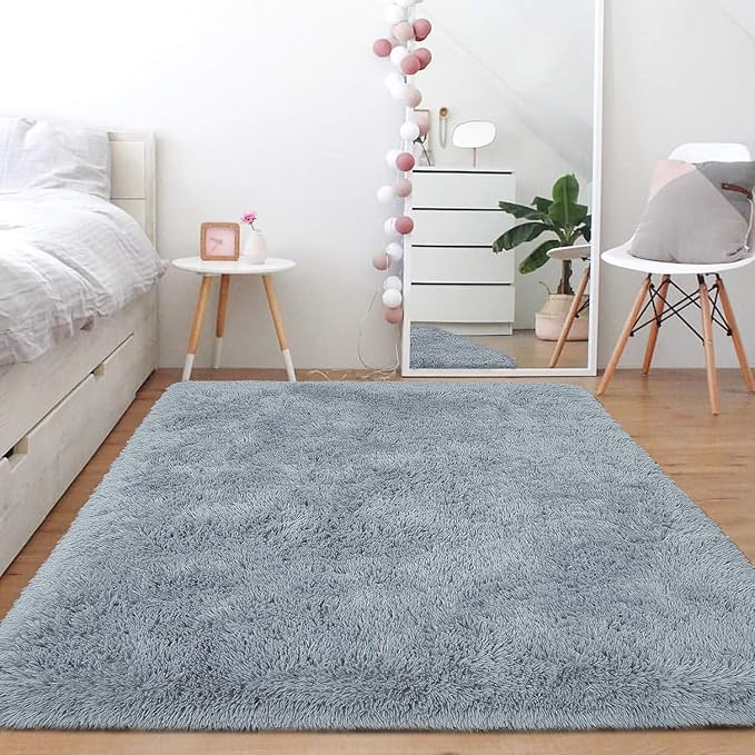Ompaa Fluffy Area Rugs, Super Soft Shaggy Rug Fuzzy Long Fur Carpets for Bedroom Living Room Decor, 4 x 6 Feet Gray Blue