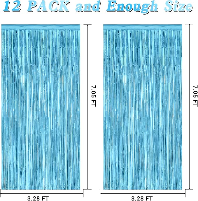 12 Pack Party Decorations, 3.28 FT x 7.05 FT Sky Blue Curtains, Metallic Party Streamers Photo Booth Backdrop Foil Fringe Curtains, Light Blue Winter Wonderland Backdrop Birthday Decor