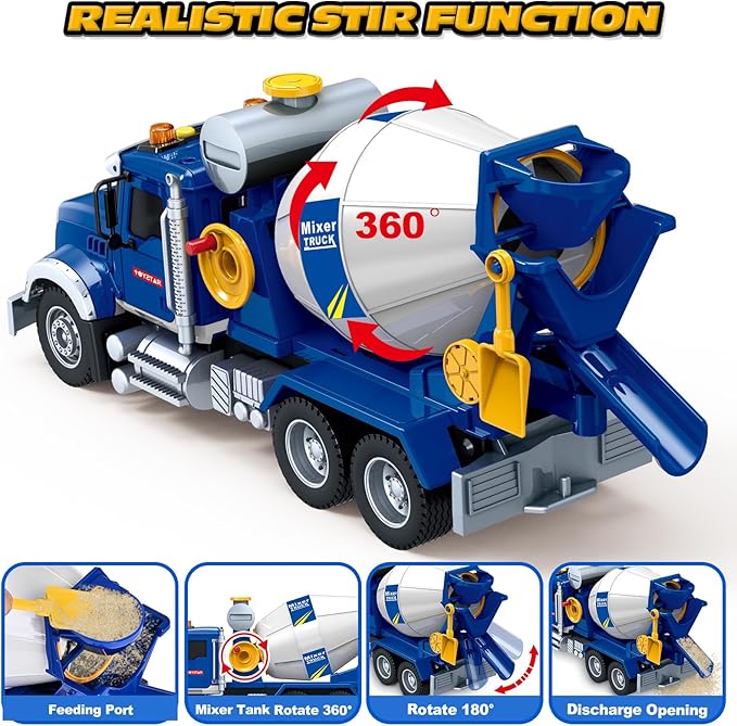 Kids Toys for 3 4 5 6 7 8 Years Old Boys, 15" Large Cement Mixer Truck Toy with Lights, Sounds, Blue Toddler Friction Powered Truck Vehicle Toy for Boys Girls Christmas Birthday Gifts