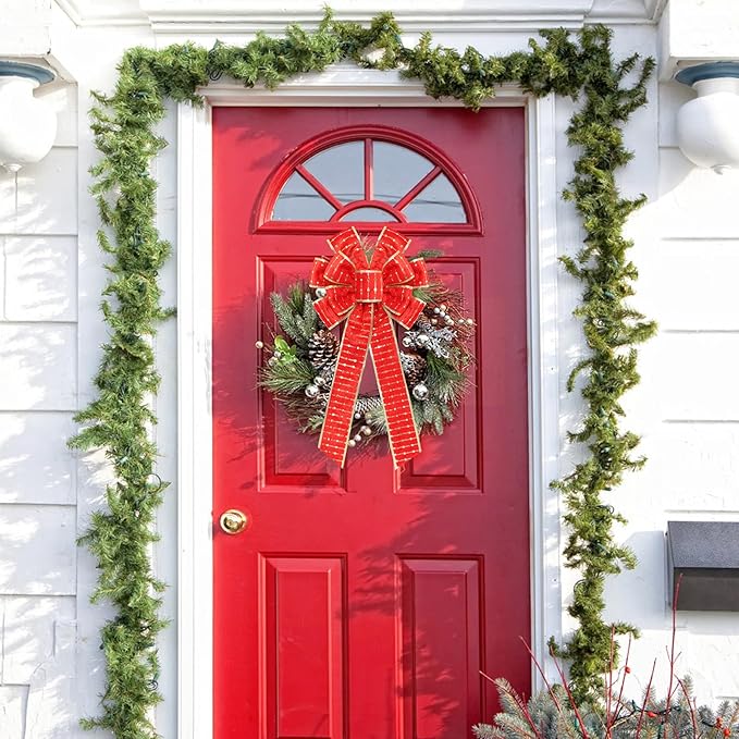 2PCS Red/Gold Velvet Christmas Bows with Gold Shiny Patches - 11"x19.6" Holiday Decor for Tree Topper Wreaths Door Windows Fireplace Fence Porch Gifts Parties Indoor/Outdoor Decorations