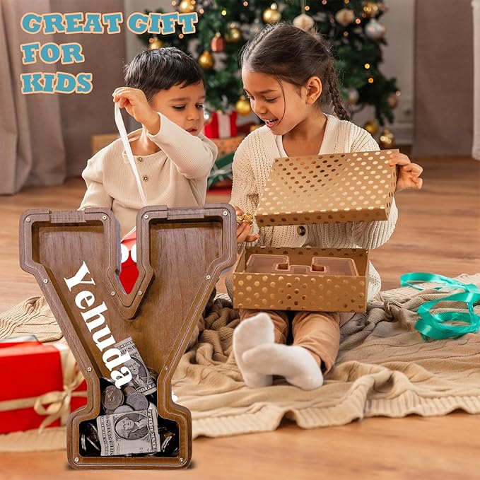 Personalized Wooden Letter Piggy Bank for Kids Larger Letter Piggy Bank for Boys and Girls Initial Coin Bank Customized Piggy Bank Perfect Wood Kids Money Bank for Birthday and Festival