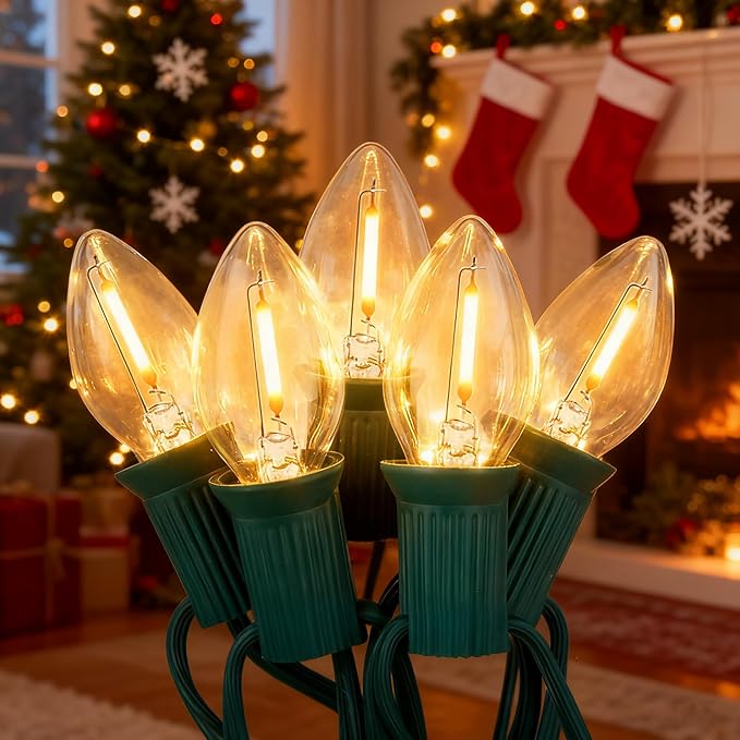 Abeja C7 Clear LED String Lights, 25Ft C7 Christmas String Lights with 27 Clear LED Bulbs (2 Spare) Indoor & Outdoor Use for Christmas Holiday, Party, Patio, Backyard Decoration