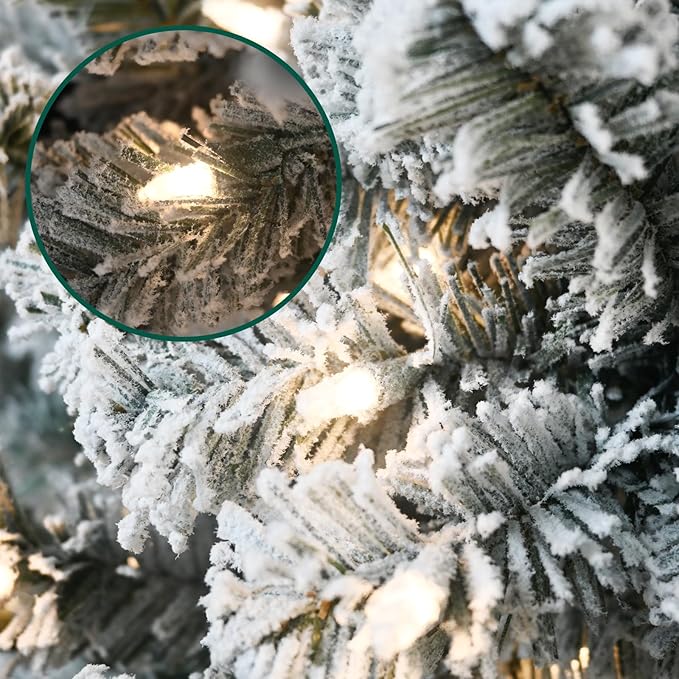 Prelit Flocked Artificial Full Christmas Tree 6FT with 2056 PE PVC Tips, Premium Snow Pre-Lit Holiday Xmas Tree with 400 UL Incandescent Lights, Foldable Base for Home Office Party