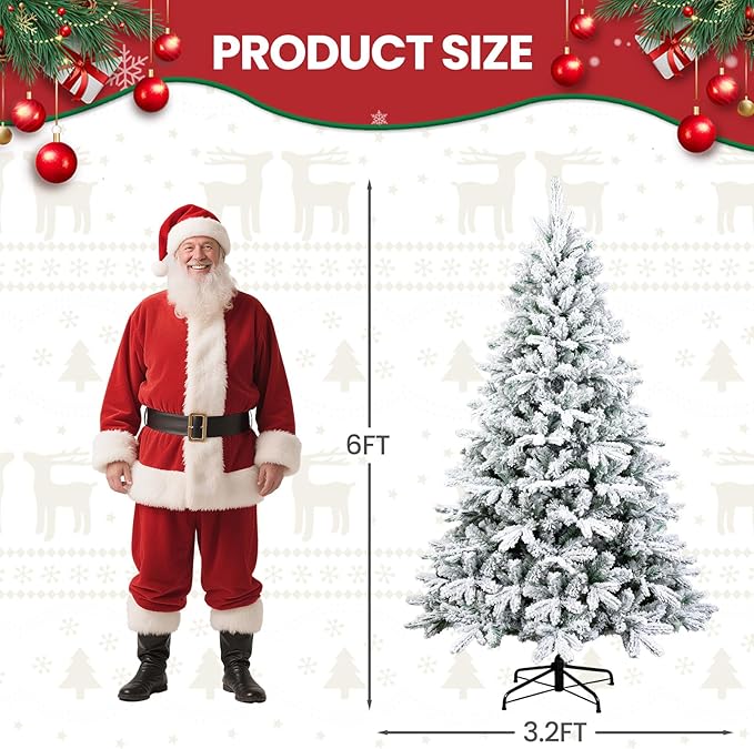 Beyond 6FT Snow Flocked Artificial Full Christmas Tree, Hinged Spruce Christmas Tree with 1100 Branch Tips, Xmas Tree with Metal Stand for Home, Party Decoration, White