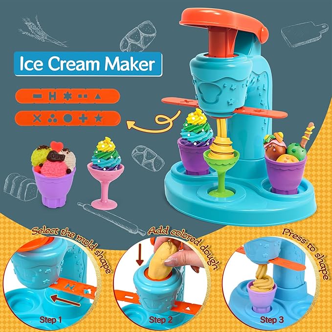 3 in 1 Color Dough Sets for Kids Ages 3-4-8, Dough Tools Accessories Kit, Ice Cream Playset Noodle Hamburger Maker, Pretend Play Kitchen Creations Food Toys Arts Crafts for Toddlers Girls Boys