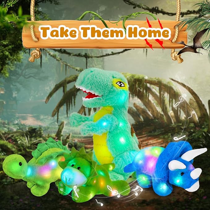 Glow Guards 16''Light up Musical Triceratops Dinosaur Stuffed Animal,Soft Singing LED Dinosaur Plush Toy with Magic Night Lights&Lullaby,Birthday Children's Day for Toddler Kids