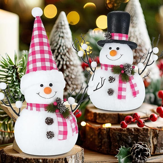 2 Pack Pink Christmas Decor, 14" Lighted Plush Snowmen Christmas Trees with Pine Cone Twigs, Light Up Snowman Holiday Present, Xmas Party Gifts Tabletop Ornaments (Pink and White)