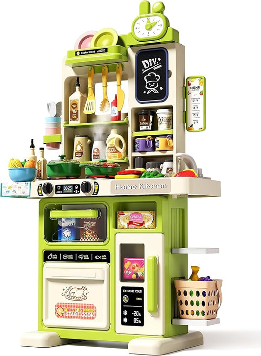 33.8IN - 70PCS Kids Kitchen Playset with Sound & Light - Cooking Stove with Steam, Play Sink and Toy Kitchen Accessories - Pretend Kitchen Play Food Toys for Kids Boys Girls - Toddler Play Kitchen Set