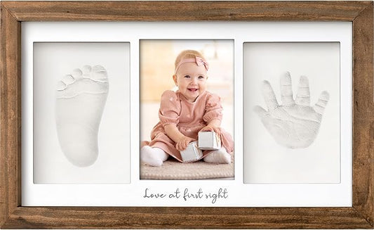 Baby Hand and Footprint Kit - Clay Handprint Keepsake Frame, Newborn Nursery Picture Frame, Personalized New Mom Gifts for Baby Shower & Registry (Medium Oak)