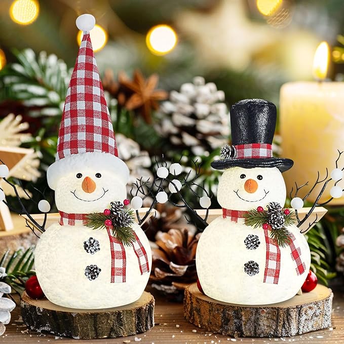 2 Pack Red and White Christmas Table Decor, 14" Lighted Plush Christmas Snowman Decorations, Light Up Snowman Holiday Present, Table Mantel Desk Fireplace Shelf Home Minimalist Decor