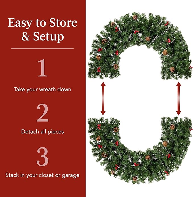 Best Choice Products 60in Pre-Lit Christmas Wreath w/Berries & Pinecones, Large Artificial Indoor/Outdoor Decor for Door, Mantel w/Red Bow, Plug-in