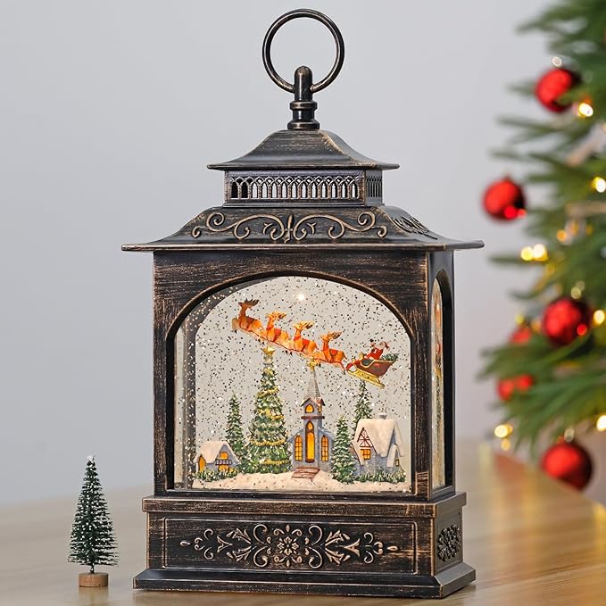 6H Timer Lighted Snow Globe with Music, Swirling Glitter Christmas Lantern, Thanksgiving Decor, Table Party Decorations (Reindeer, Santa Claus and Church)