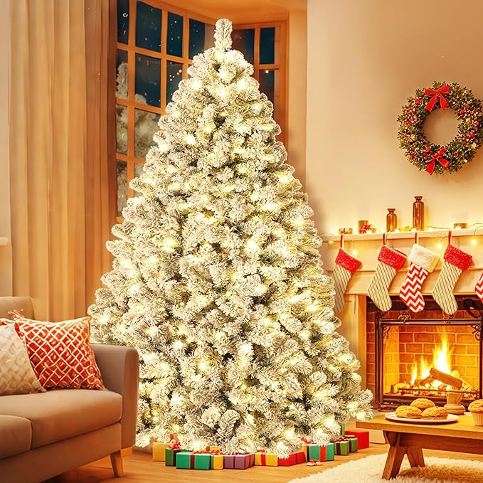7.5FT Prelit Fluffy Snow Flocked Fraser Fir Artificial Christmas Tree with Warm White Lights, Hinged Branches, 1100 Tips, Artificial Christmas Tree Include Metal Stand for Holiday Home Decor
