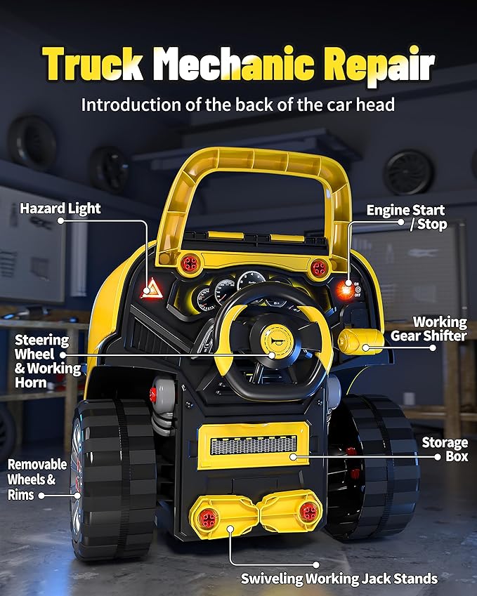 Deejoy Large Truck Builder Kit for Toddlers 3-5, Kids Mechanic Workshop Set with Light and Sound, Removable Engine, Yellow, 15.3x18.7inch