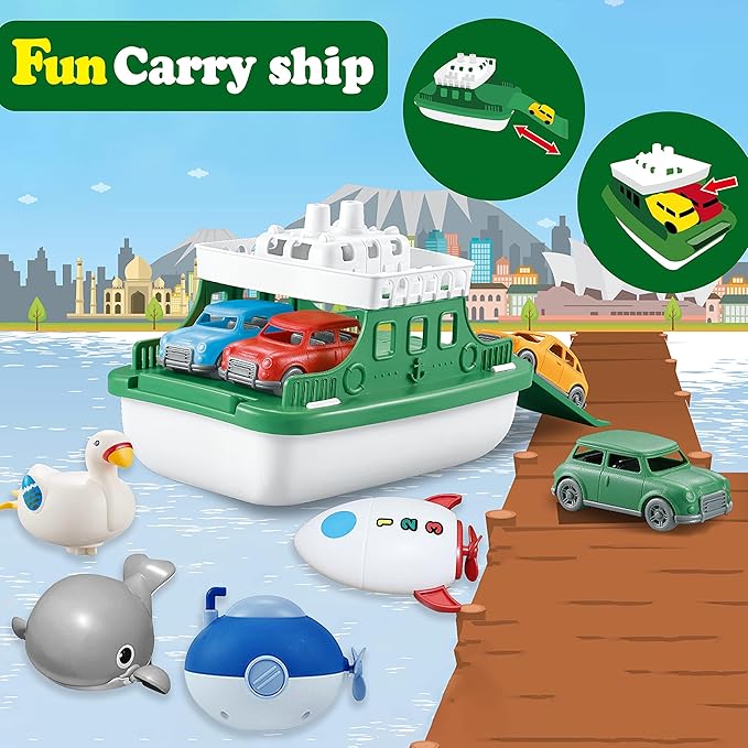 Ferry Boat with 4 Car and 4 Wind Up Bath Swimming Toys, Kids Bath Toy Floating Vehicle Whales Submarines Swans Rockets, Bathtub Bathroom Pool Beach Toy Set for Toddlers Boys Girls