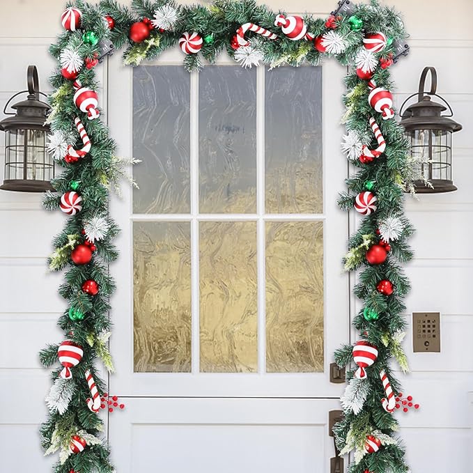 Christmas Garland Lighted Indoor Outdoor Decorations Artificial Christmas Garlands with Light Mantel Candy Cane for Door Porch Holiday Party Outdoor Indoor Xmas Decor 6FT