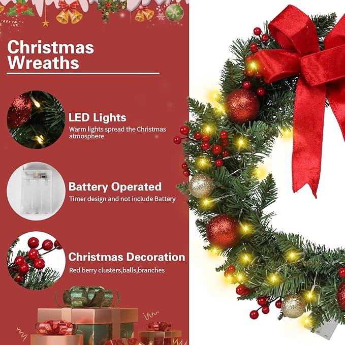 20" Large Christmas Wreath with LED Lights Winter Wreaths for Front Door or Wall Powered by 3AA Batteries for Indoor Outdoor Party Christmas Decorations