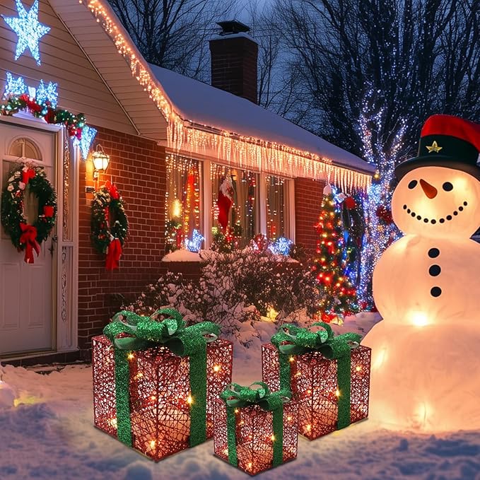 Christmas Light Gift Box Decorations, 3-Piece Set, Pre-Strung Wired Gifts with Bows, Illuminate Christmas Tree Skirt Decorations. Suitable for Indoor and Outdoor Use. (Christmas Colors)