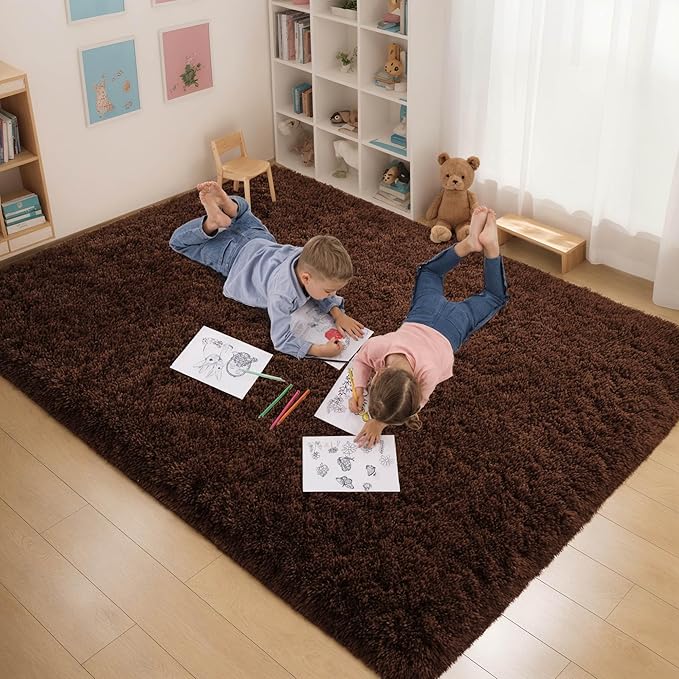 6x9 Living Room Area Rug Non Slip, Fluffy Brown Bedroom Rugs, Large Shaggy Carpet Machine Washable for Nursery Classroom Kids Babys Dorm Home Decor