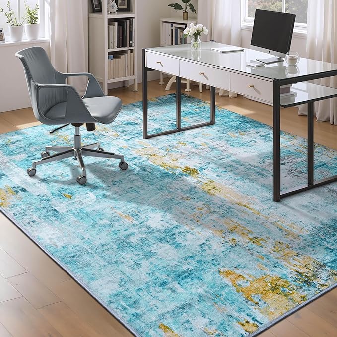 Ompaa Living Room Rug 5x7 Teal Blue Area Rug Machine Washable Boho Rug Non Slip Abstract Vintage Indoor Large Rugs for Bedroom, Classroom, College Dorm, Farmhouse, Dining Room, Kids Playroom