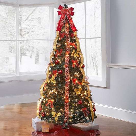 BrylaneHome 7.5 Ft Fully Decorated Pre-Lit Pop-Up Christmas Tree with 450 Warm Lights & Included Stand, Collapsible, Easy Assembly - Red Gold