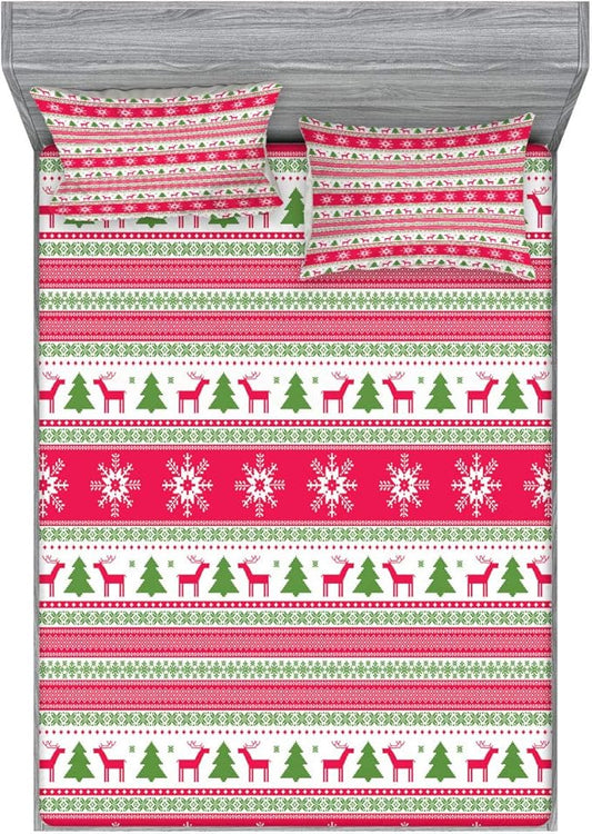 Ambesonne Nordic Fitted Sheet & Pillow Sham Set, Classical Reindeers Snowflakes Trees Christmas Pattern Needlework Design, Decorative Printed 3 Piece Bedding Decor Set, Calking, Pink Lime Green White