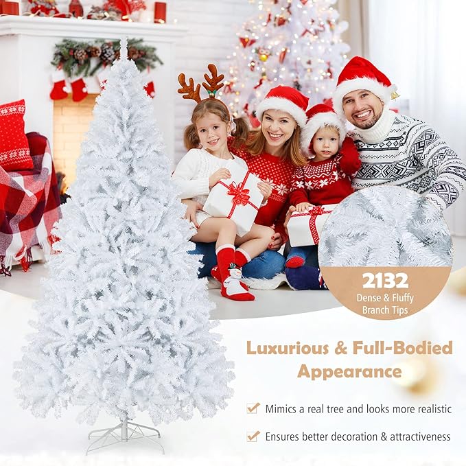 GOFLAME 9FT White Christmas Tree, Artificial Hinged Christmas Tree with 2132 PVC Branch Tips and Folding Metal Stand, Indoor Outdoor Xmas Decoration Tree for Home Office Party, Easy Setup