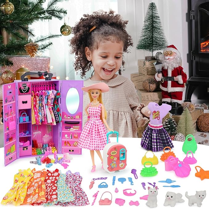 K.T. Fancy 83 Pcs Dolls & Accessories with Purple Closet Wardrobe for 11.5 Inch Doll Dress Up Set Including Wardrobe Shoes, Wallet, Dress Hangers, Brush, Necklace, Pet and Other Accessories