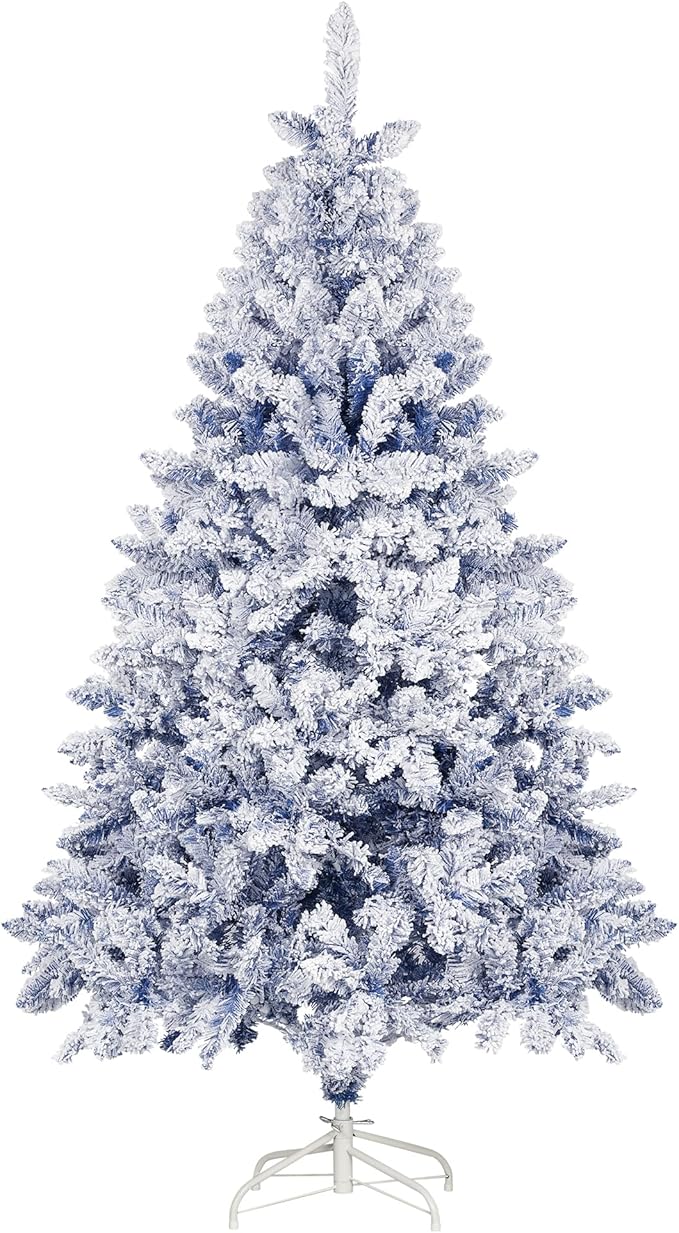6FT Blue Premium Artificial Holiday Christmas Tree, Snow-Flocked Pine Tree with 1000+ Branch Tips, Metal Stand and Hinged Branches for Indoor and Outdoor