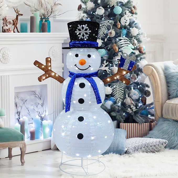 Outdoor Snowman Lighted, Pop-Up Snowman Outdoor Yard Christmas Decorations Prelit 100 Lights, Collapsible Lighted Snowmen Wears Blue Scarf and Holds Light Up Gift Box for Home Porch Yard Décor-Blue