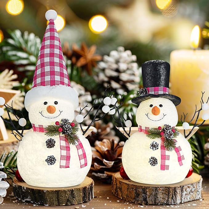 2 Pack Pink Christmas Decor, 14" Lighted Plush Snowmen Christmas Trees with Pine Cone Twigs, Light Up Snowman Holiday Present, Xmas Party Gifts Tabletop Ornaments (Pink and White)
