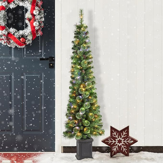 Glitzhome 6ft Prelit Artificial Christmas Tree, Green Cashmere Pine Christmas Porch Tree with pinecones,272 Pine&PVC Branch Tips,130 Warm White/Multi-Color Lights,9 Function w/Remote Control