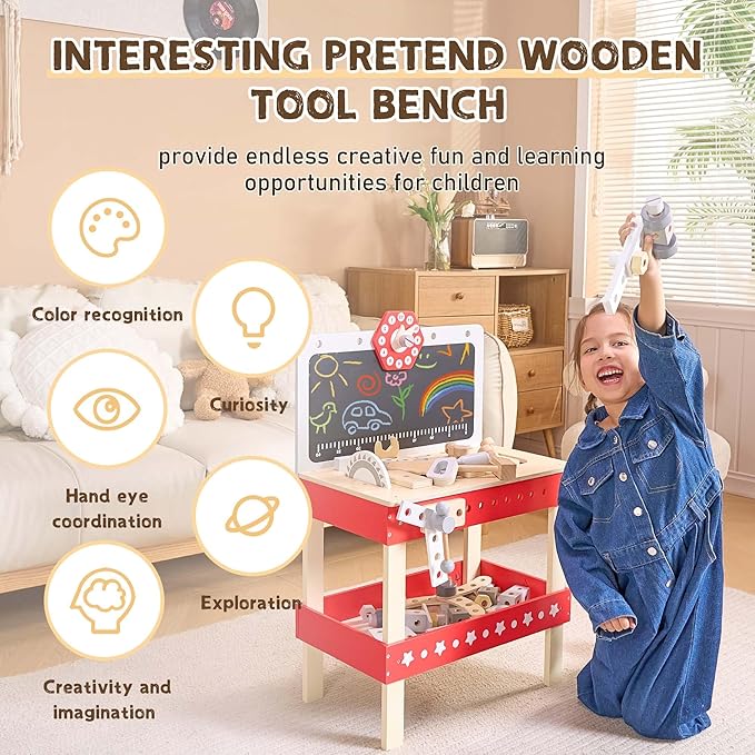 Kids' Wooden Tool Workbench Playset with STEM Construction Toys, Toddler Tool Bench with Ample Storage Space and Blackboard, Creative Gift for Ages 3-7, Red