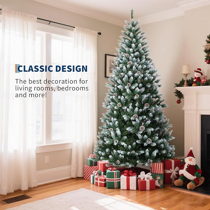 2025 Christmas Pre-Lit Pencil Tree 9FT with Lights, Automatic White Spray Artificial Xmas Tree with Pinecone, Decor for Christmas Holiday