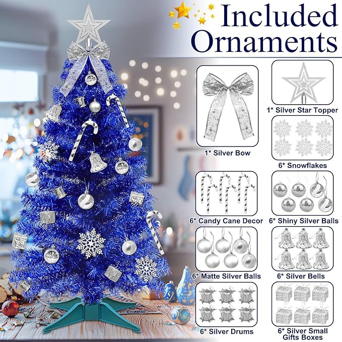 3 Ft Small Christmas Tree Hanukkah Decor with Timer Remote, 8 Modes 50 Warm White&Colorful Change Lights, 3D Star&44 Ornaments, Battery Operated, Mini Christmas Tree Table Indoor Holiday Party Decor