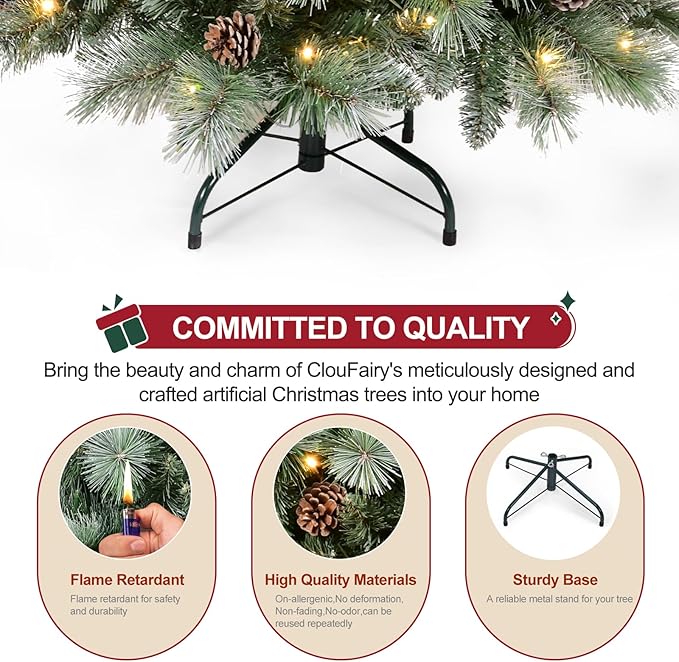 Pre-lit Christmas Tree 9ft, PLuxury Pine Needle -Premium Christmas Trees with Lights Flocked Prelit Trees-Artificial Xmas Tree