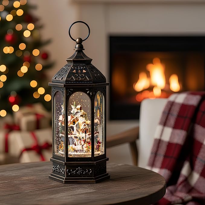 12.8'' Christmas Village Snow Globe Lantern, Santa Sleigh with Reindeer Will Rotate Around The Snowy Mountain Village with Musics Swirling Glitter Water Lantern for Home Decoration and Gift