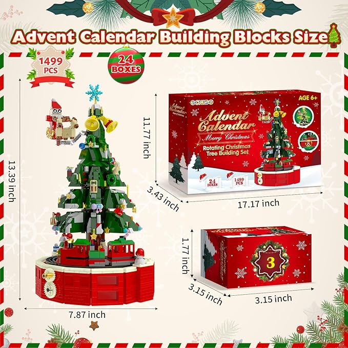Ochido Advent Calendar 2025 Rotating Christmas Tree Building Blocks Kit, 24 Days Christmas Countdown Toy Building Set, Christmas Advent Calendars for kids Ages 6+, Xmas Gifts for Adults Teens Kids