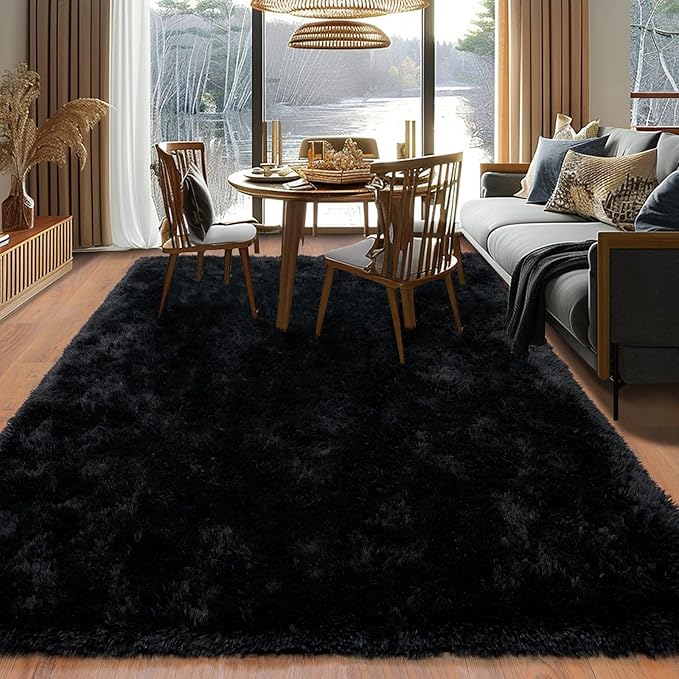 5'x7' Super Fluffy Rug for Bedroom, Modern Shag Black Area Rugs, Soft and Cozy Plush Large Carpet for Kids, Girls Boys and Teens Decorations for Living Room Dorm Nursery Classroom, Black