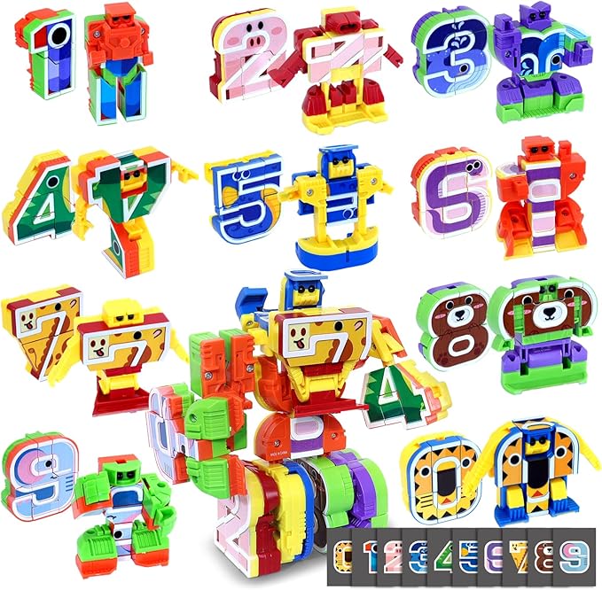Animal Number Robots Transformers Toys 10-in-1 – STEM Learning Toys for Kids Ages 3+, Number Blocks with 10 Digital Cards, Convertible to Mega Robot (ABC Zoo Series)