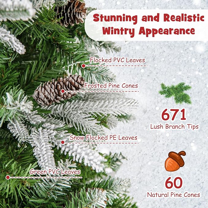 Goplus 6 FT Pre-Lit Pencil Christmas Tree, Artificial Snow Flocked Hinged Fake Slim Xmas Tree with 280 Warm-White LED Lights, 671 Branch Tips, 60 Pine Cones, for Office Home Decoration