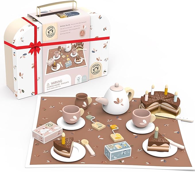SPEEDY MONKEY Birthday Tea Set for Kids – FSC Wooden Pretend Play Tea Party & Food Set with Teapot, Cups, Cake & Tea Bag – Toddler Girls Imaginative Role Play Kitchen Toy – Colorful Gift for Dollhouse