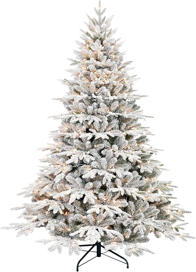 4ft Prelit Flocked Artificial Christmas Tree with 907 PE PVC Tips, Premium Snow Pre-Lit Holiday Xmas Tree with 150 UL Incandescent Lights, Foldable Base for Home Office Part