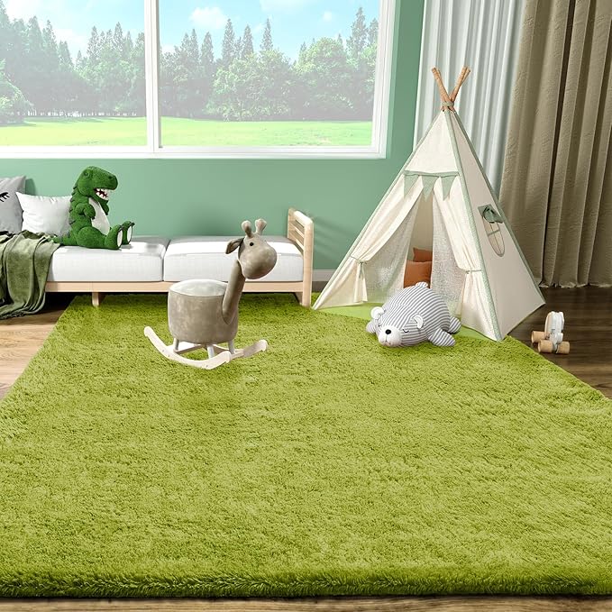 Ophanie Green Rug Grass Area Rugs for Bedroom, 4x6 Shag Fluffy Carpet, Fuzzy Furry Plush Soft Cute Kids Baby Girls Shaggy Bedside Indoor Floor Carpets for Teen Dorm Home Decor Aesthetic, Nursery