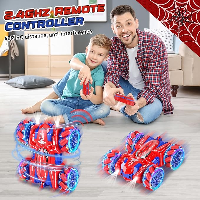 Spider RC Cars for 4 5 6 7 8 Year Old Boys - 2.4Ghz Rechargeable Double Sided Remote Control Stunt Car, 360°Rotating 4WD Off-Road RC Drift Car with Light, Birthday Xmas Gifts for Kids Age 4-6 5-7 8-12