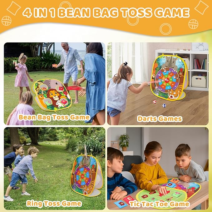 4 in 1 Double-Sided Foldable Cornhole Bean Bag Toss Game Set with Accessories for Kids, Ages 3-6